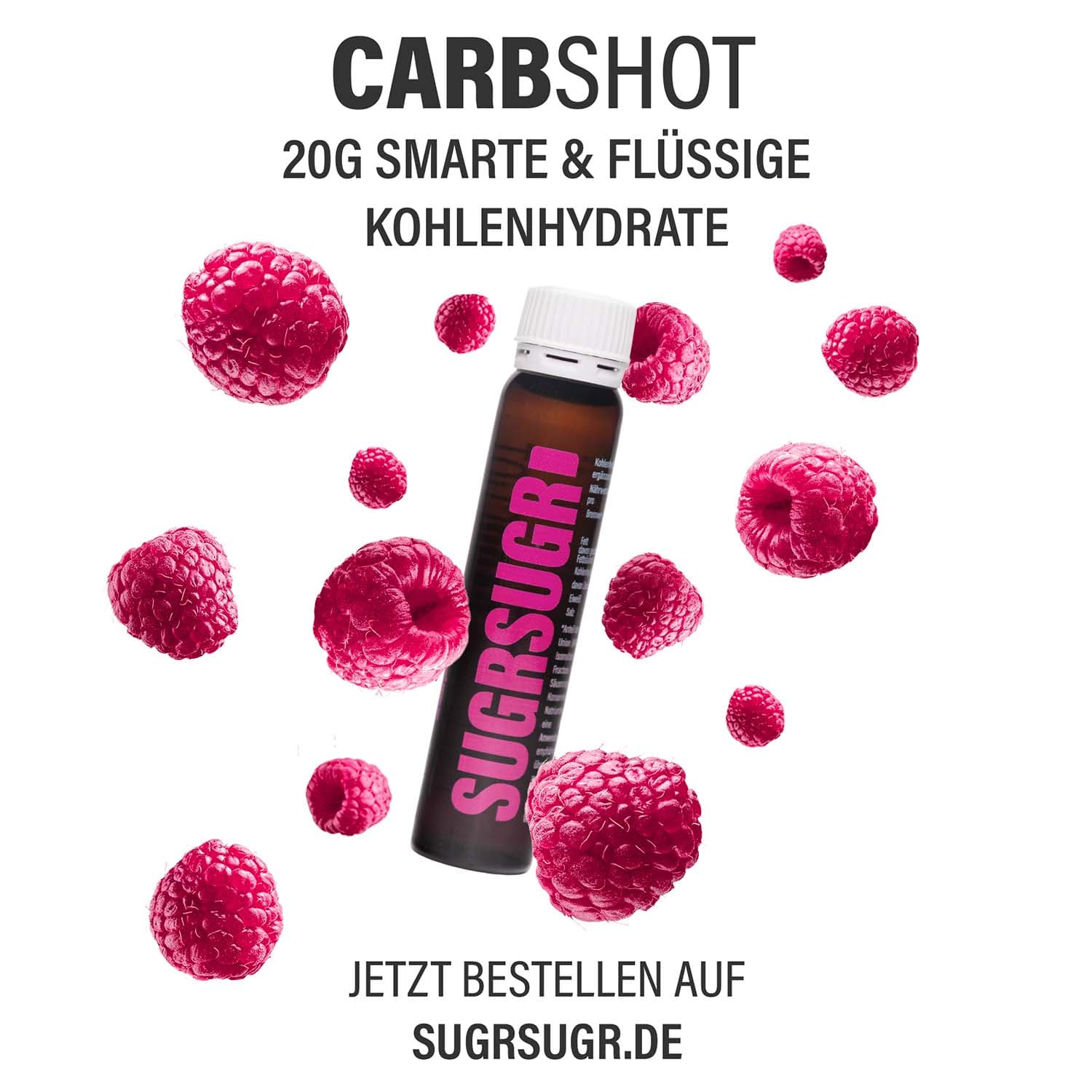 Kleine PET Flasche eines 30ml Carb Shots mit Himbeeren