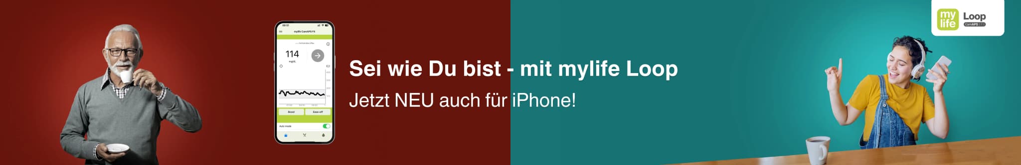 Man der eine Tasse hält, Frau beim Musikhören und ein iPhone mit dem Slogan: "Sei wie du bist – mit mylife Loop. Jetzt neu, auch für iPhone"